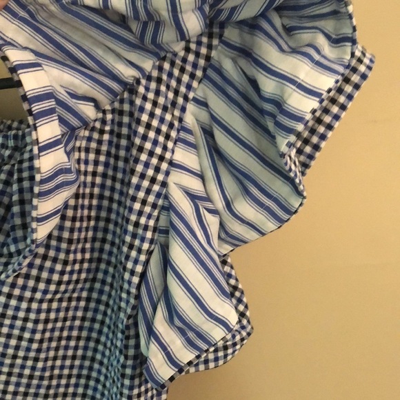 Misa Los Angeles Blue White Gingham Ruffle Sleeve One Shoulder Blouse - Picture 6 of 8